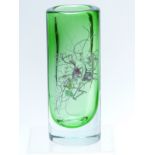 Czech cylindrical vase by Petr Hora with hand applied web design in pink and white over green