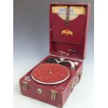 National Band wind up gramophone in maroon Rexine finish together with a small selection of 78 rpm