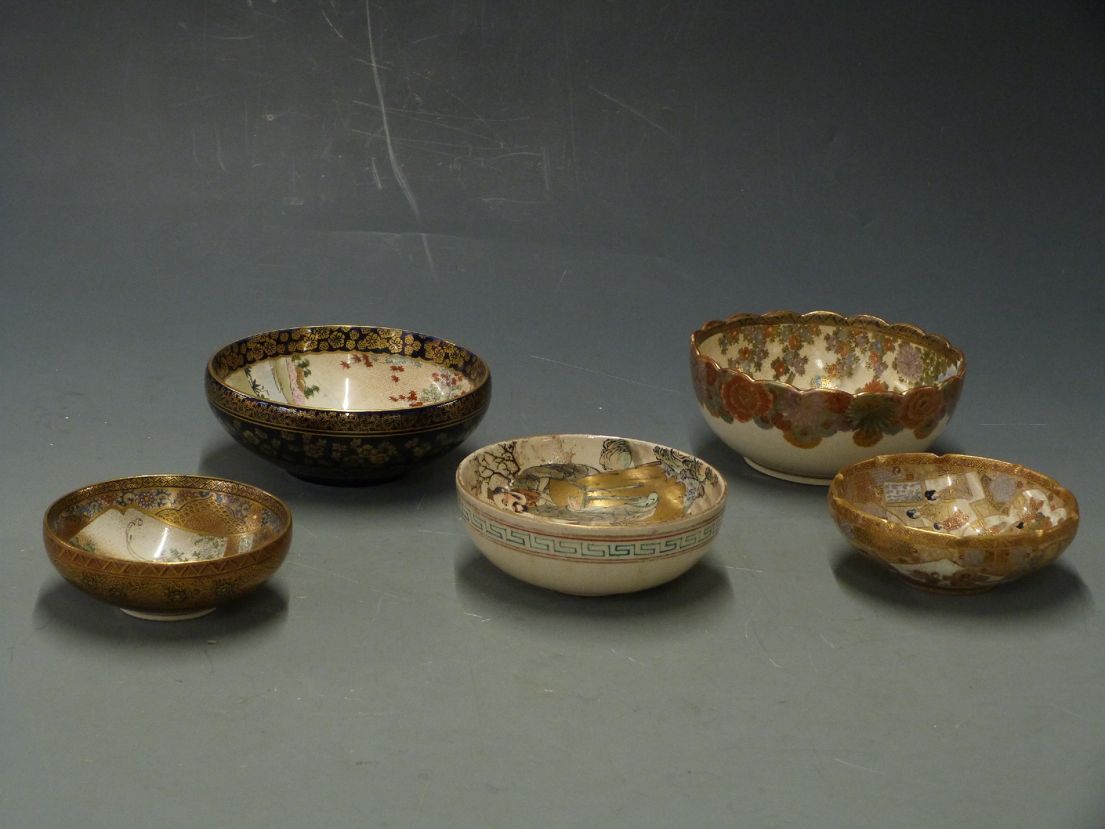 Five Japanese Satsuma bowls, largest diameter 15.5cm - Image 3 of 3