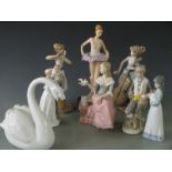 Collection of Lladro style figures and a Hollohaza swan, tallest 34cm