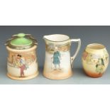 Royal Doulton Dickens Series Ware vase, jug and biscuit barrel with plated mounts, tallest 18cm