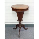 A 19thC walnut octagonal work table with fitted sectional interior raised on a carved tripod base, H