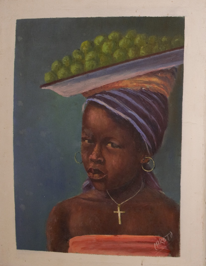 Five African oil on canvas portraits of tribal people and a further example depicting a village - Image 7 of 22