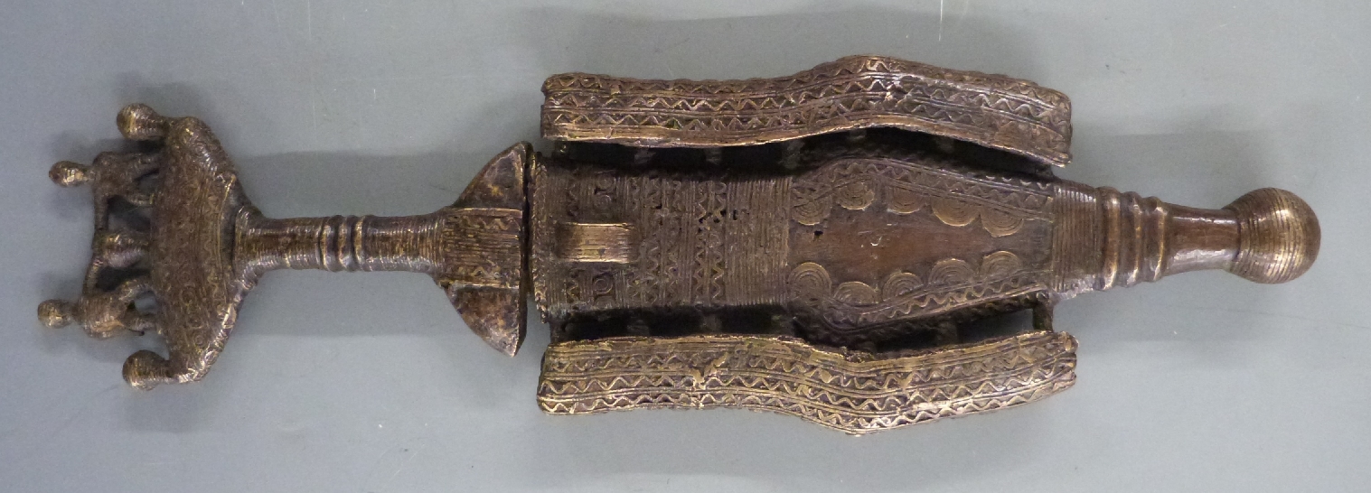 African, Ashanti/Benin ceremonial brass figural dagger in sheath, L48cm