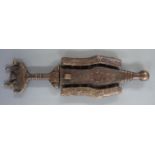 African, Ashanti/Benin ceremonial brass figural dagger in sheath, L48cm