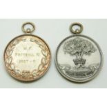 Two hallmarked silver sporting medals, one HMS Royal Oak with tree emblem, the other engraved MF