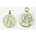 Two football medals, one with 800 grade silver mark with two players in relief to front and