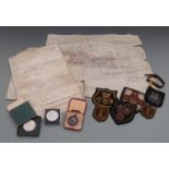 A quantity of military ephemera, badges etc to include Albert Cheetham Royal Navy service record,