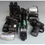 Quantity of cameras and accessories to include Pentax P30 with Takumar 1:3.5-4.5 28-80mm lens, Sigma