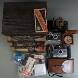 Vintage cameras including folding Kodak, Polaroid and Argus rangefinder, cased compass, accessory