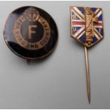 British WWII Fascist Party enamel badge A46707, Birmingham maker, together with a similar pin badge