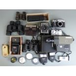 Cameras, binoculars and accessories including Box Brownie, Chinon Concorde cine camera, Zenit 3M,