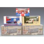 Five diecast model vehicles comprising two 1:50 scale NZG Bauwagen Construction Site Vans 505 and