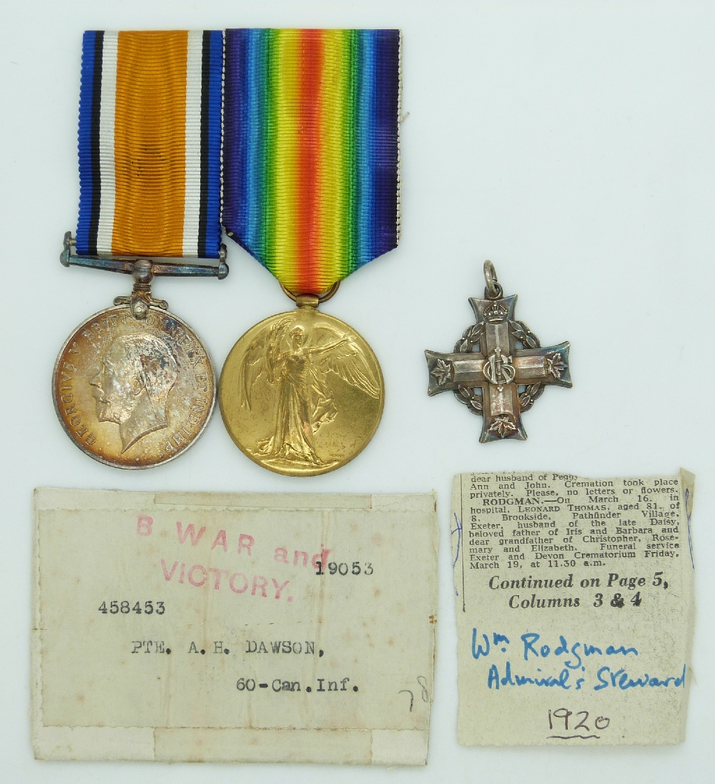 Canadian Army WWI medals comprising the War Medal, Victory Medal and silver Memorial Cross with
