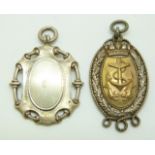 Two hallmarked silver Royal Navy football medals, one with anchor to front, both engraved verso, one