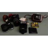 Canon A-1 SLR camera with Clubman 1:3.8-5.6 28-200mm and Tamron 35-70mm 1:3.5 lenses, Vivitar x2