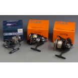 Three fixed spool fishing reels in boxes including Daiwa Match 3012D, 2508 and a Drennan FD-3000