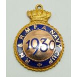 A 9ct gold and enamel 1930 RN & RMFA Navy Cup football or similar sporting medal, 8.5g