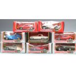 Eight Burago 1:24 scale diecast model cars including Bugatti, Atlantic, Ferrari, Mercedes etc, all