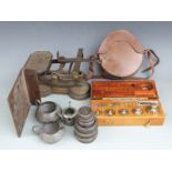 Set of shop or kitchen scales, cased set of weights, leather case and three pieces of Arts and