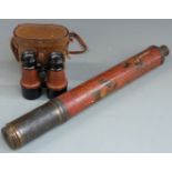 Brass and painted telescope and a pair of binoculars in leather case