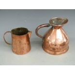 Victorian half gallon copper jug and an Arts and Crafts hammered copper example