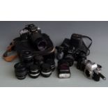 SLR cameras, lenses and acessories to include Nikkormat EL, Nikon F2 with Vivitar 70-210 1:3.5 lens,