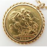 A 1888 gold full sovereign mounted in 9ct gold mount on a 9ct gold chain, 12.8g