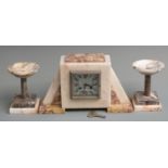 Art Deco marble clock garniture with stylised Arabic numerals and hands, the numbered French