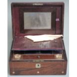 19thC rosewood writing box inlaid with mother of pearl, the fitted interior set with cut glass ink