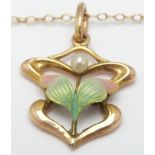 Art Nouveau 9ct gold pendant set with enamel and a seed pearl, in vintage box, 2g