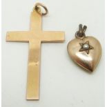 A 9ct gold cross pendant (3.2g) and a Victorian heart pendant set with a seed pearl