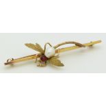 A 9ct gold brooch set with a pearl and a garnet in the form of a dragonfly, 2.9g