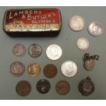 A small tin of coins and tokens to include Victorian half crown and florin, 1794 20 Soldi, Sardinia,