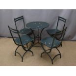 Set of four green metal folding garden chairs with table, diameter 60cm