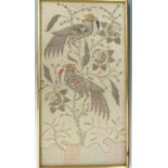 Gold thread and beadwork tapestry depicting birds of paradise, 100 x 53cm, framed and glazed