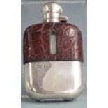 George V hallmarked silver and leather covered glass hip or spirit flask with bayonet cap and pull