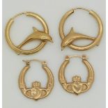 Two pairs of 9ct gold earrings one pair depicting the Claddagh symbol, 2g