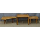 Elm coffee/side table, a pine retro table and a three legged side table length 71cm
