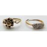 An 18ct gold ring set with three diamonds in a platinum setting, 1.6g and a 9ct gold ring, 1.4g