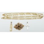 A 9ct gold necklace, 9ct gold ingot, white metal cross and a 9ct gold brooch set with sapphires,