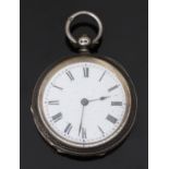 Hallmarked silver open faced pocket watch with black hands and Roman numerals, white enamel dial and