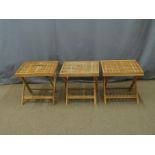 Three folding duckboard topped tables, W50 x D50 x H47cm