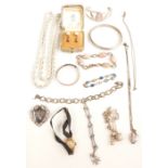 A collection of silver jewellery including bangle, necklaces, locket, Lotus pearl earrings, 9ct gold