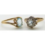 A 9ct gold ring set with an aquamarine and a 9ct gold ring set with an aquamarine and diamonds, 3.
