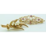 A 9ct gold brooch set with pearls and a 9ct gold brooch set with rubies and pearls, 7.6g