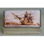 Hallmarked silver pill or similar box, the top set with an enamel scene of HMS Victory, width 6cm