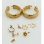 A pair of 9ct gold hoop earrings, and other 9ct gold earrings, 5.8g