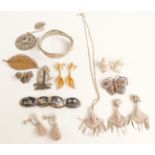 A filigree bangle, filigree brooches, a pair of gilt filigree earrings, niello bracelet etc