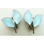 David Andersen, Norway silver leaf earrings set with blue enamel